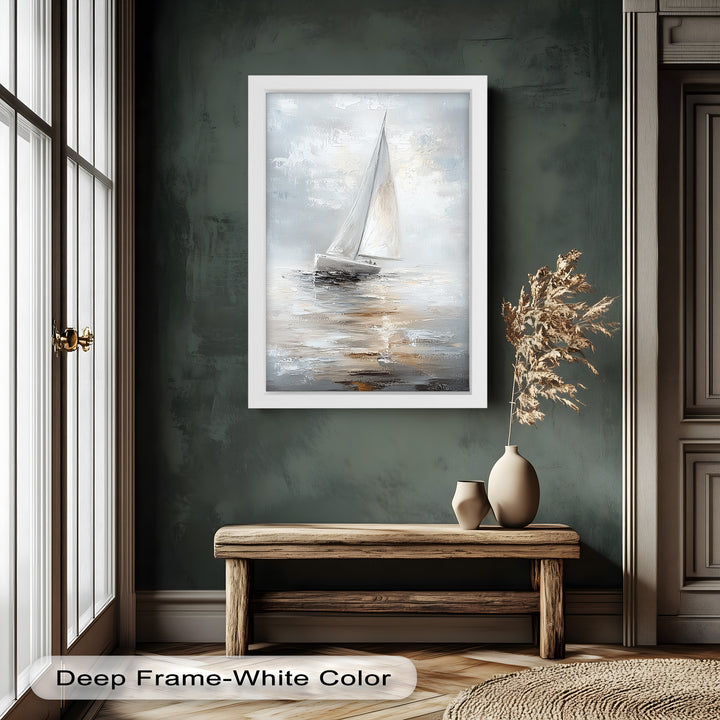 Sailing Through the Mist – White Boat Oil Painting