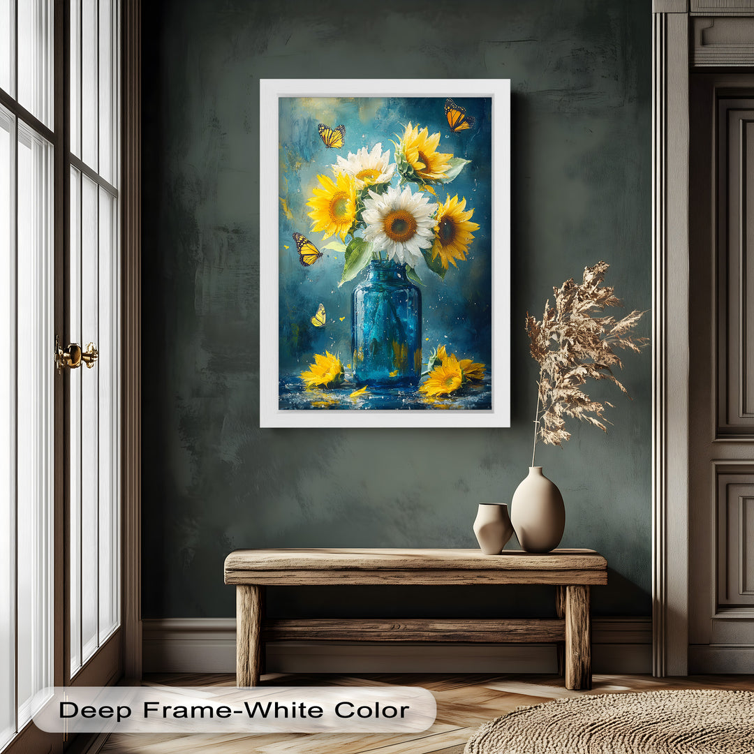 Sun-Kissed Radiance – Sunflowers in Blue Jar Flower Oil Painting