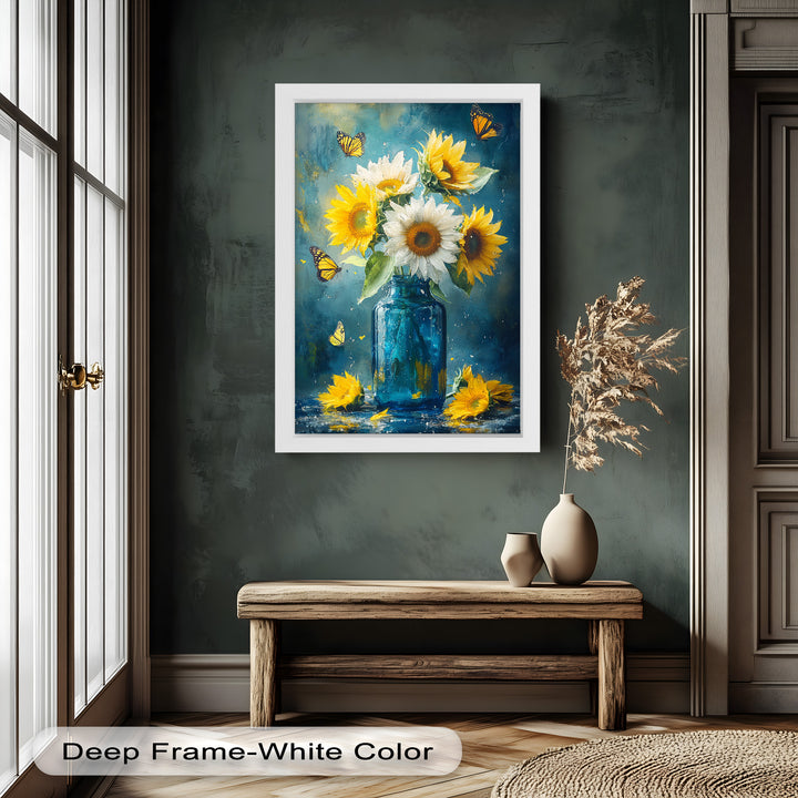 Sun-Kissed Radiance – Sunflowers in Blue Jar Flower Oil Painting