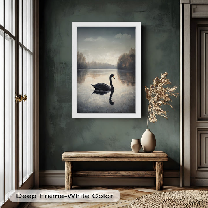 Black Swan at Dusk – Lake Scene Oil Painting