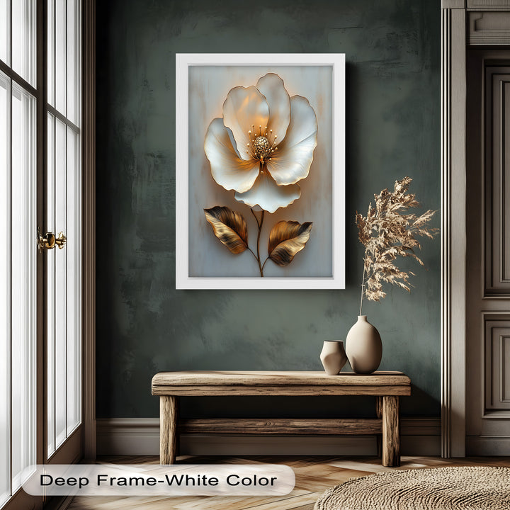 Golden Glow Bloom – White and Gold Flower Oil Painting