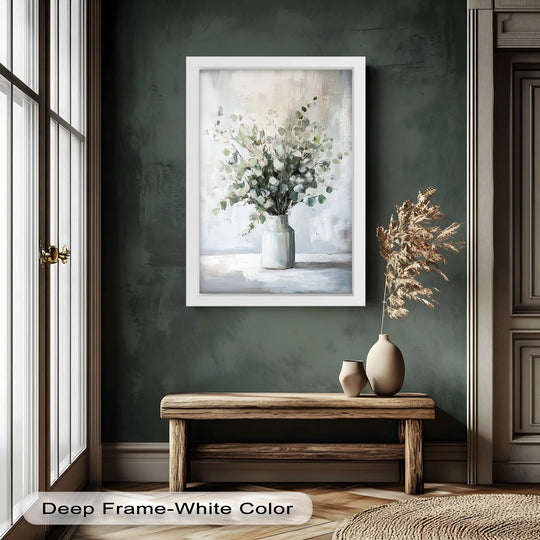 Subtle color contrast highlights the neutral tones of this Eucalyptus Essence oil painting reproduction print, showing minimalist greenery in a ceramic vase.