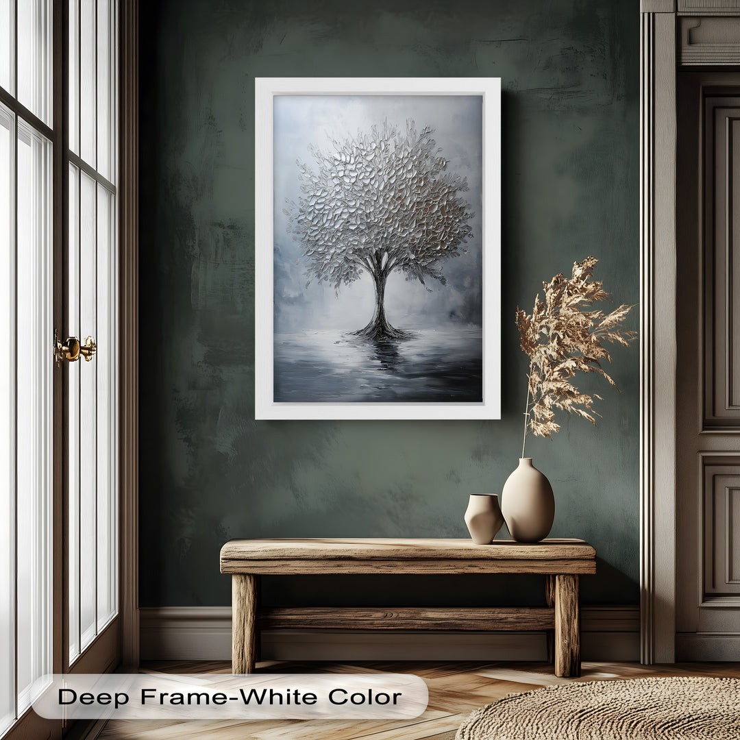 Silver Stillness – Tree in Monochrome Abstract Oil Painting