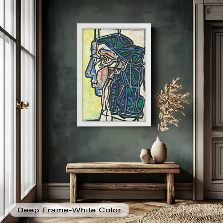 Angular Gaze – Geometric Portrait with Blue and Green Lines Picasso Oil Painting