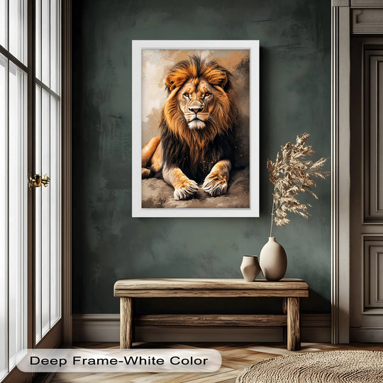 Shadows define the lion's mane in this regal animal oil painting artwork, bringing depth to the warm tones of the portrait.