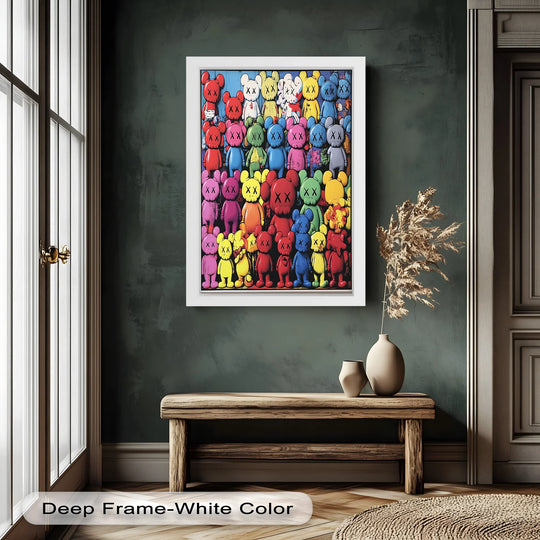 Captured in a deep white frame, the central subject of this KAWS rainbow parade multicolor pop art is a lively oil painting wall art composition.
