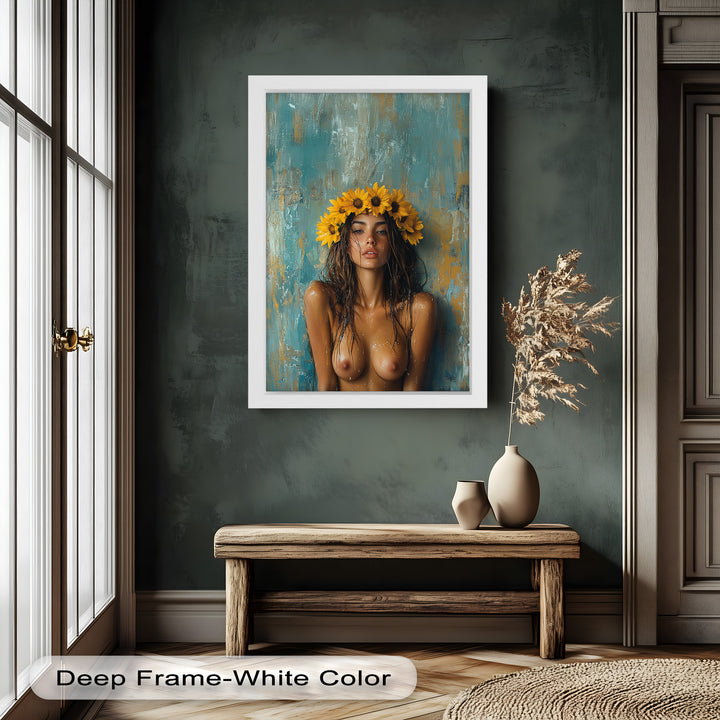 Sun-Kissed Solstice – Woman with Sunflower Crown Abstract Oil Painting