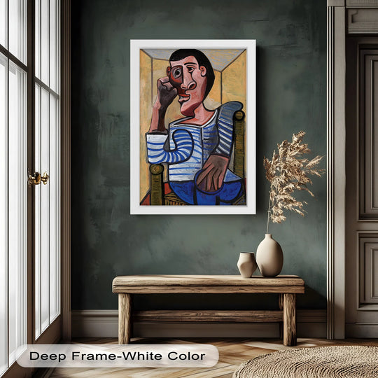 Foreground shows a rustic wooden bench displaying vases beneath a framed modern oil painting art reproduction of Picasso's 'Seated Man in Striped Shirt.'