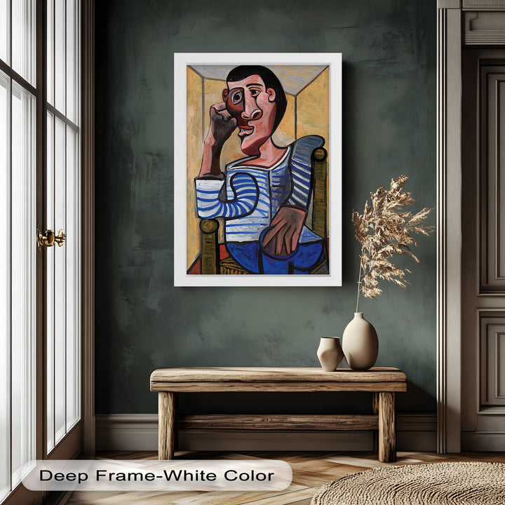 Melancholy in Stripes – Seated Man with Blue Shirt Picasso Oil Painting