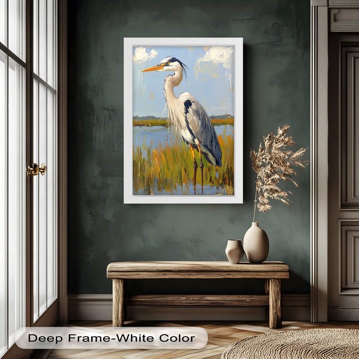 Heron in Sunlit Wetlands – Modern Oil Painting