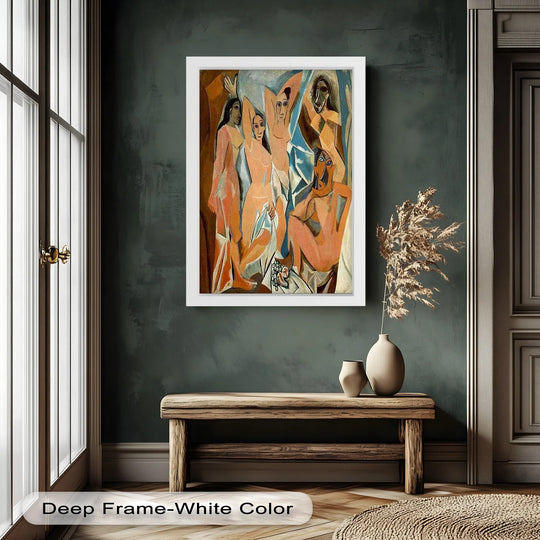 Highlighting the geometric elements, this oil painting reproduction print showcases Picasso-inspired Cubist nude figures with a striking arrangement of abstract shapes.