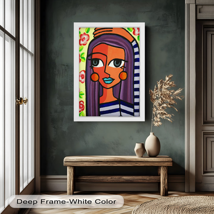 Striped Radiance – Playful Woman with Purple Hair Picasso Oil Painting