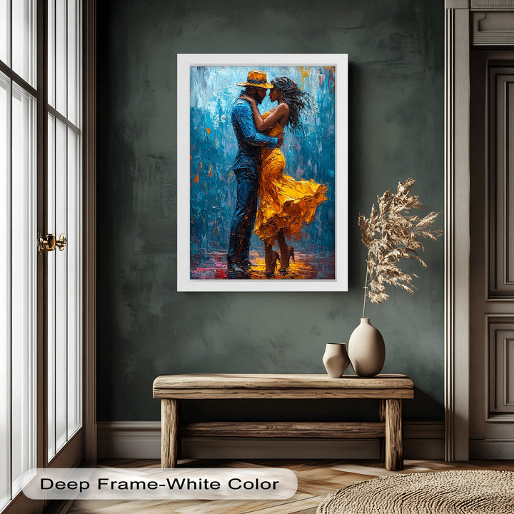 Midnight Embrace – Vibrant Couple in Yellow Dress Oil Painting