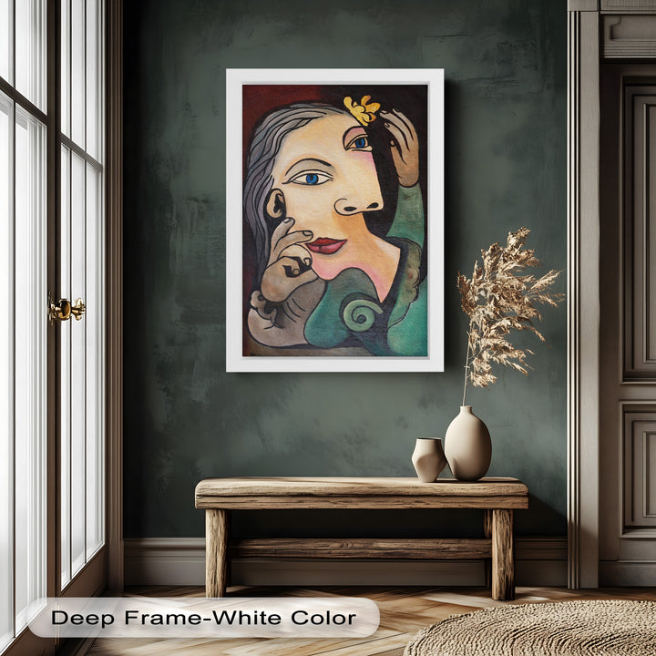Whimsical Bloom – Surreale Frau mit gelber Blume Picasso Ölgemälde
