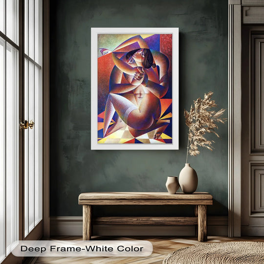 Deep depth and layers create a sense of visual complexity within the 'Entwined Forms – Abstract Lovers in Geometric Harmony Picasso' oil painting art piece.
