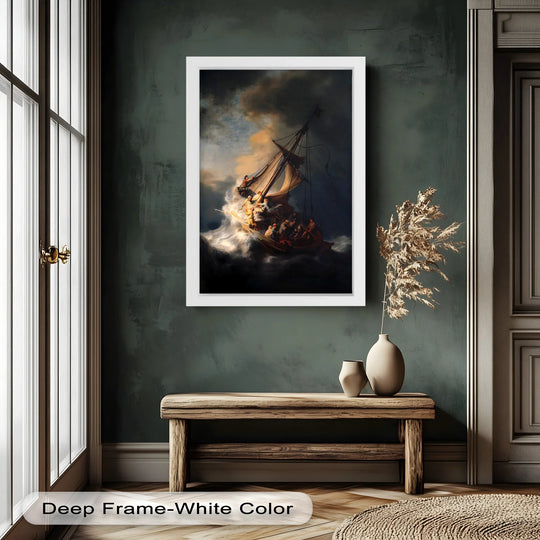 Showcasing the layering effect, this stunning “Storm of Salvation” oil painting art prints capture the baroque seascape with disciples battling the intense storm.