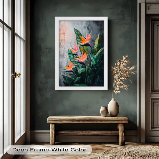 Serene mood conveyed by the tropical flame Bird of Paradise botanical oil painting art prints, displayed in a deep frame to evoke a peaceful artistic atmosphere.