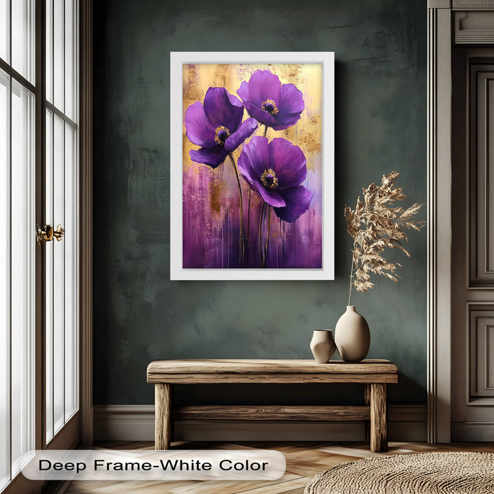 Velvet Blossoms – Purple Floral Elegance with Gold Flower Oil Painting