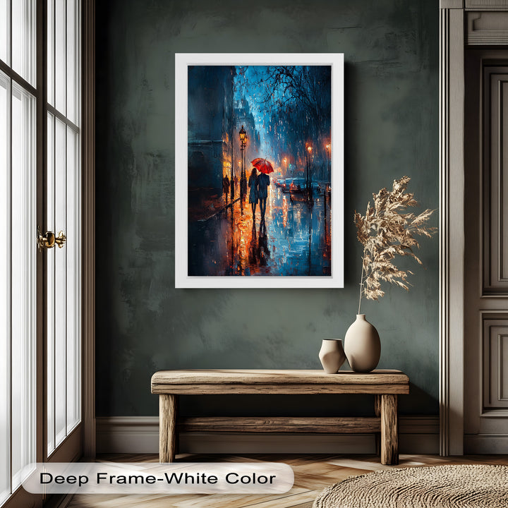 Lovers in the Rain – Romantic Night Street Oil Painting