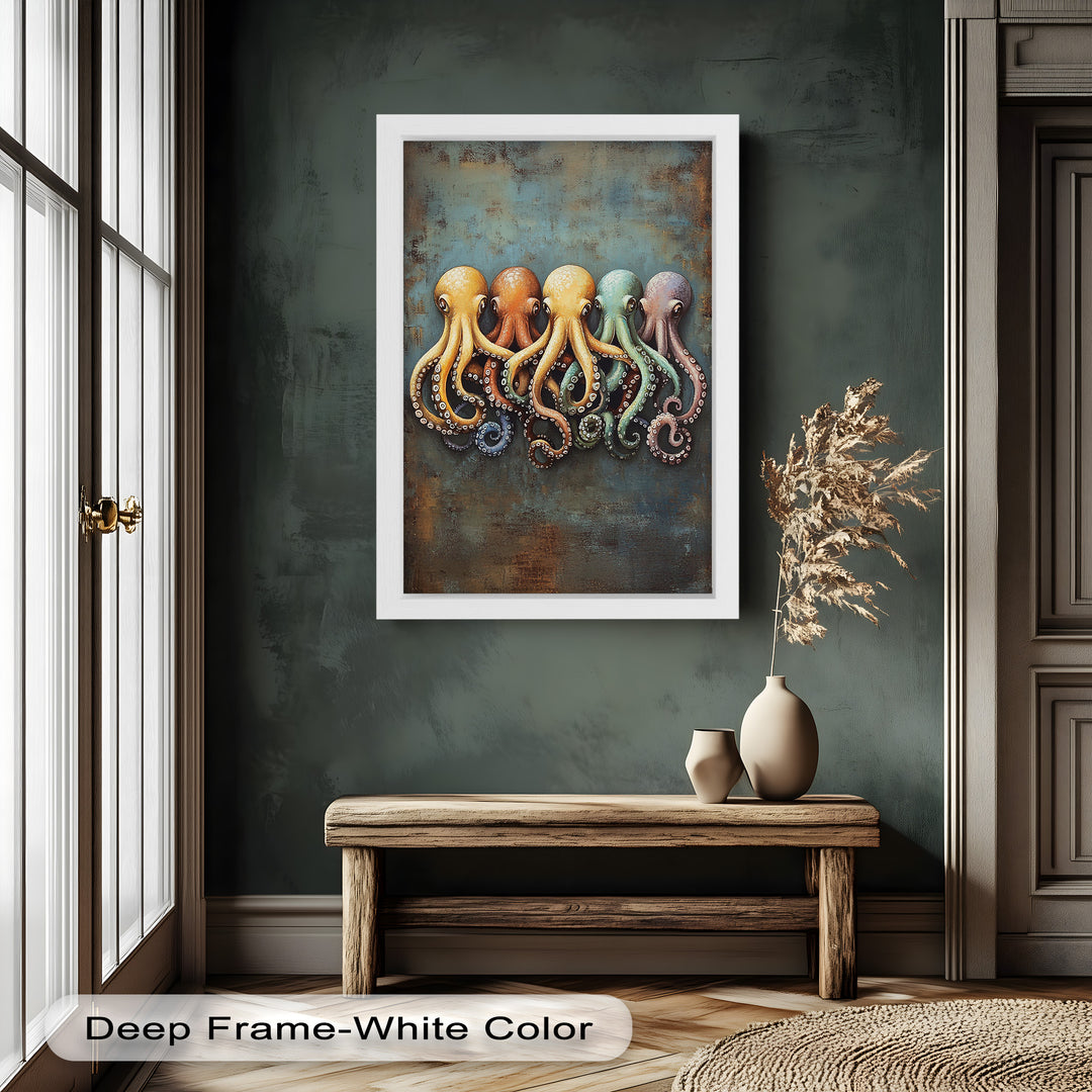 Whimsical Row of Octopuses – Colorful Sea Life Animal Oil Painting