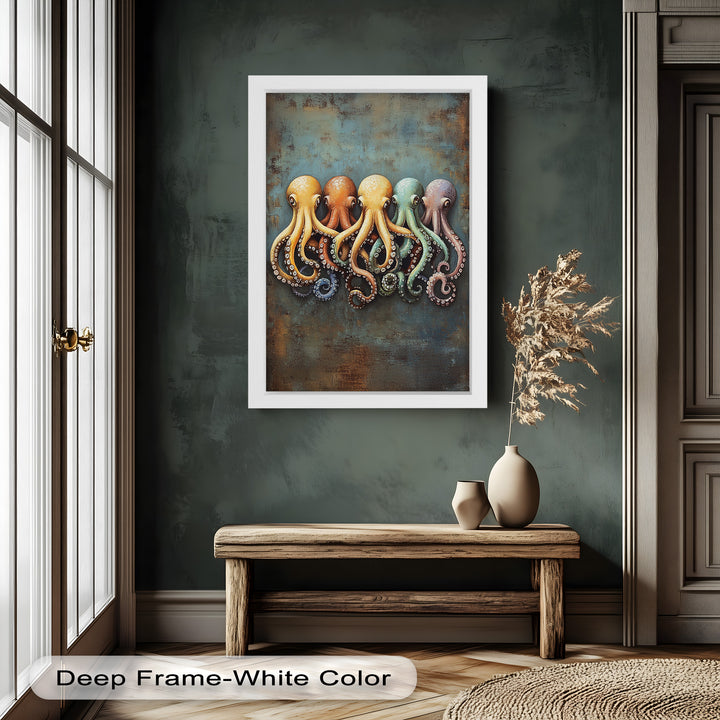 Whimsical Row of Octopuses – Colorful Sea Life Animal Oil Painting