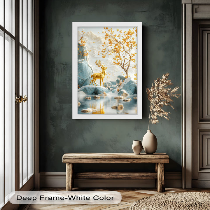 Golden Deer in Snowy Mountain - Animal Oil Painting