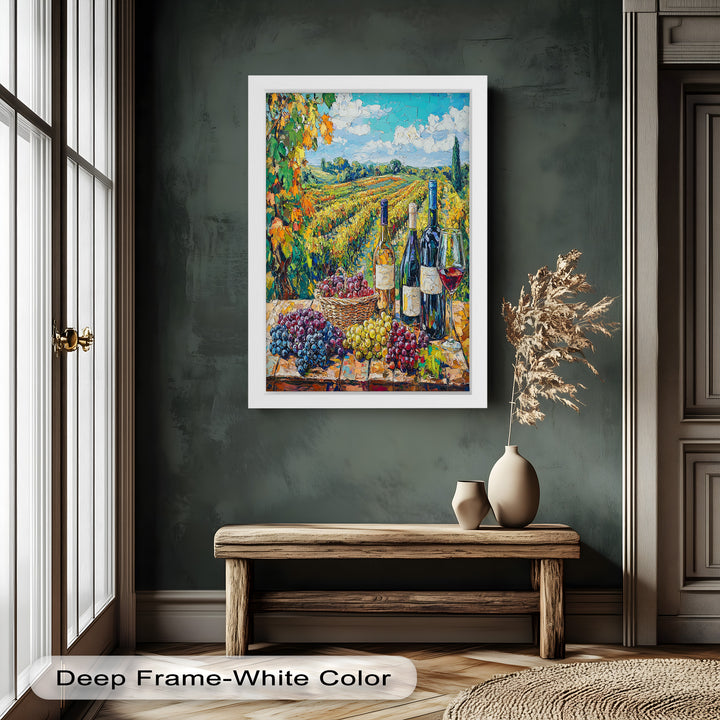 Wine Bottles and Grapes in Sunlit Fields - Still Life Oil Painting