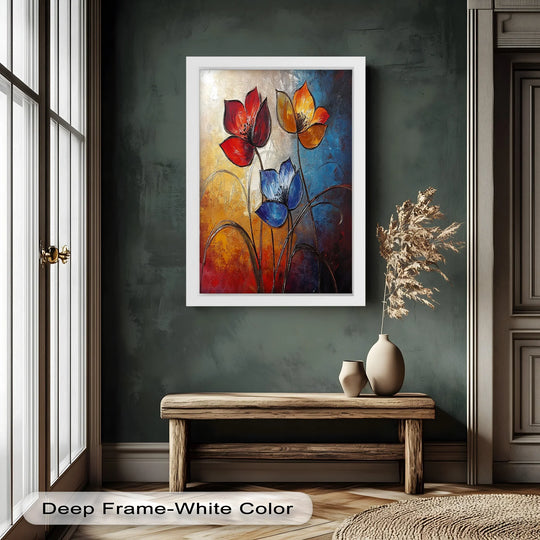 A vibrant abstract floral oil painting home decor, 'Eternal Bloom,' features red, yellow, and blue flowers in a textured, modern composition.