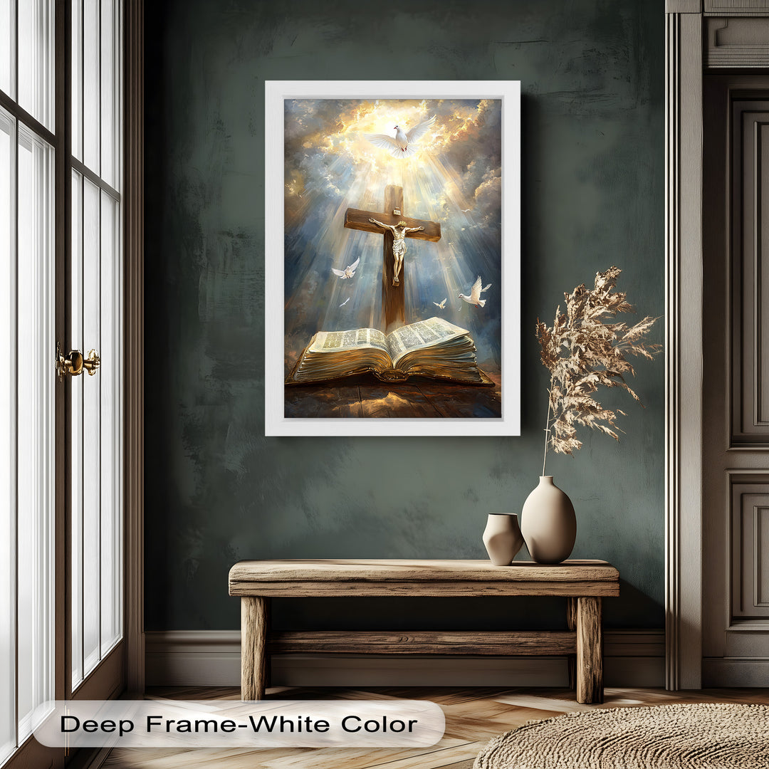 Jesus on the Cross with Open Bible and Doves - Oil Painting