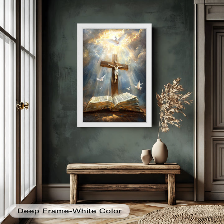 Jesus on the Cross with Open Bible and Doves - Oil Painting