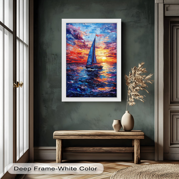 Crimson Horizon – Sunset Voyage Boat Oil Painting