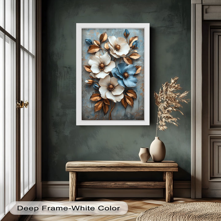 Gilded Petals – Luxuriöses Ölgemälde mit weißen und blauen Blumen