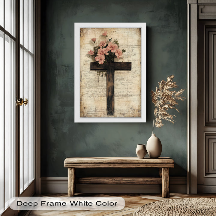 Holzkreuz mit rosa Blüten - Christliches Ölgemälde