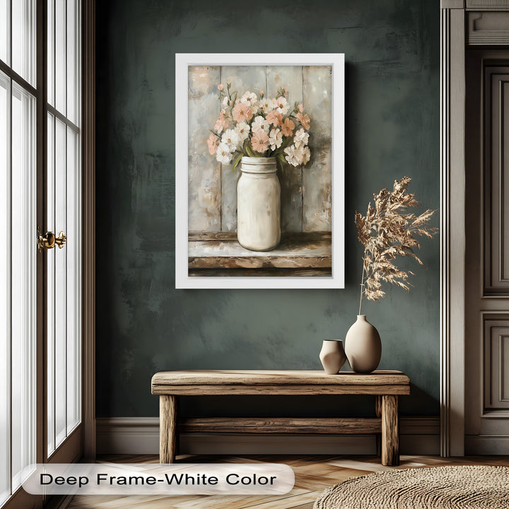 Blush & Cream Blooms – Rustic Mason Jar Flower Oil Painting
