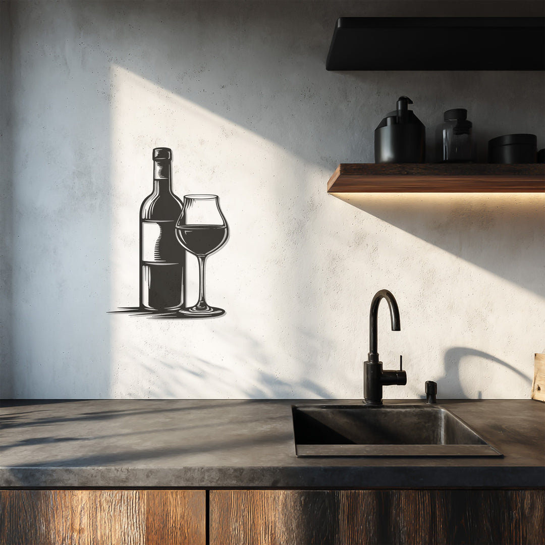 Wine Bottle & Glass Silhouette Metal Wall Art – Modern Bar & Kitchen Decor