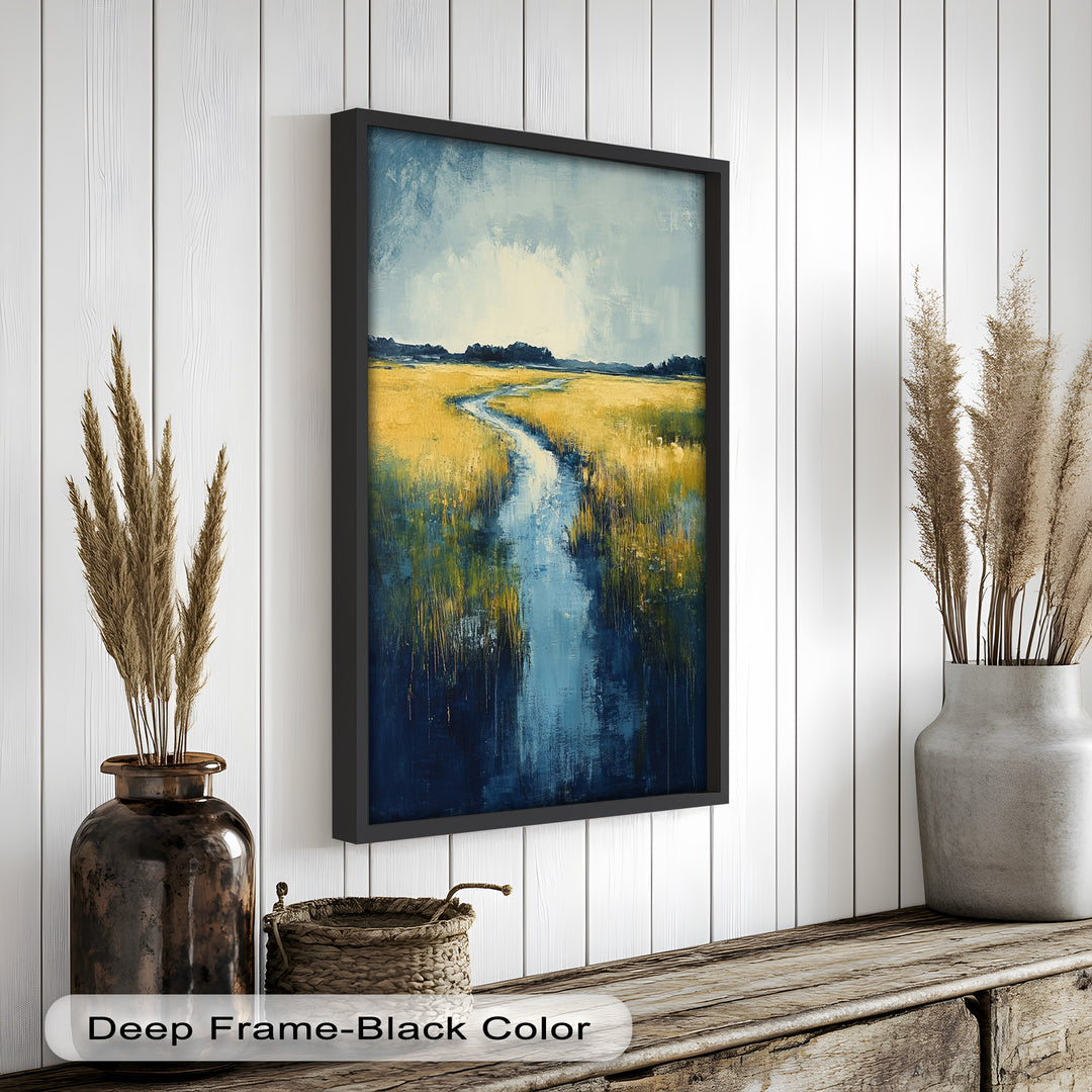 Golden Fields and Blue Stream – Contemporary Landscape Oil Painting