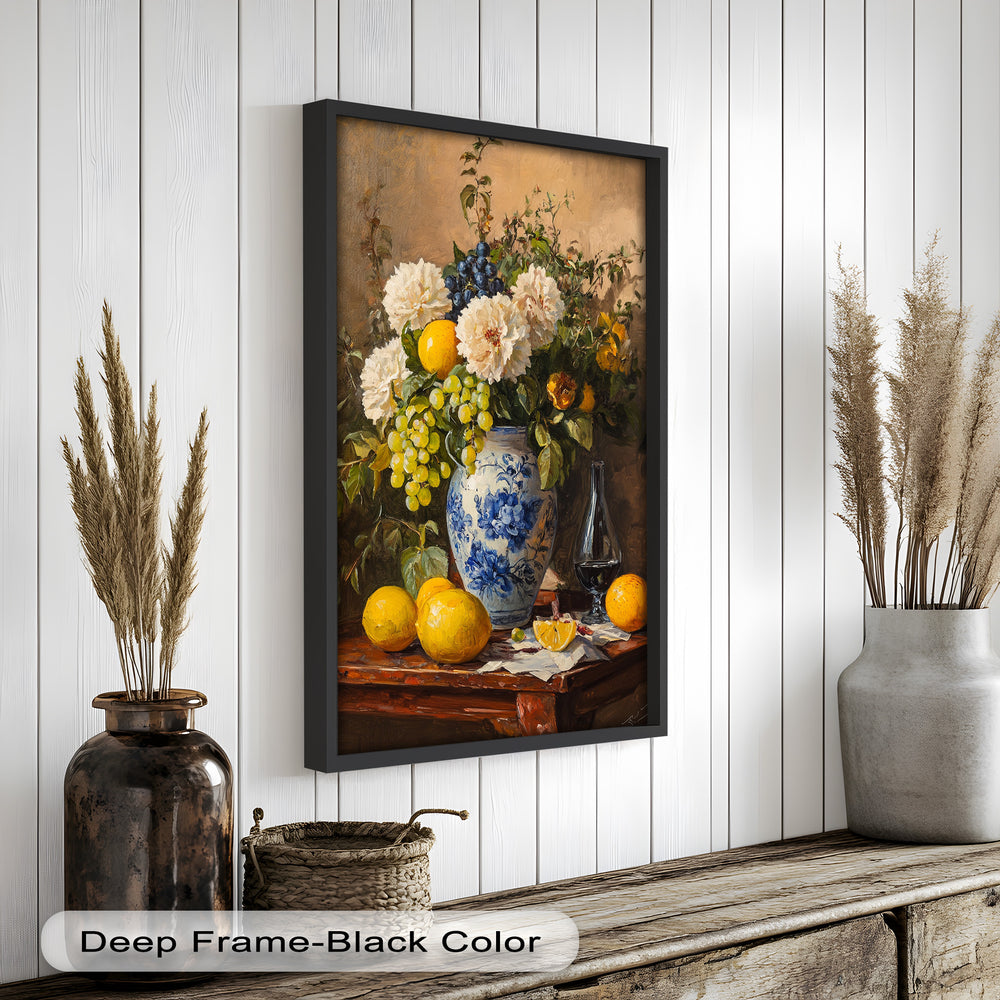 A traditional still life arrangement with vibrant flowers and fruits, showcasing lemons, grapes, and a delicately painted porcelain vase.