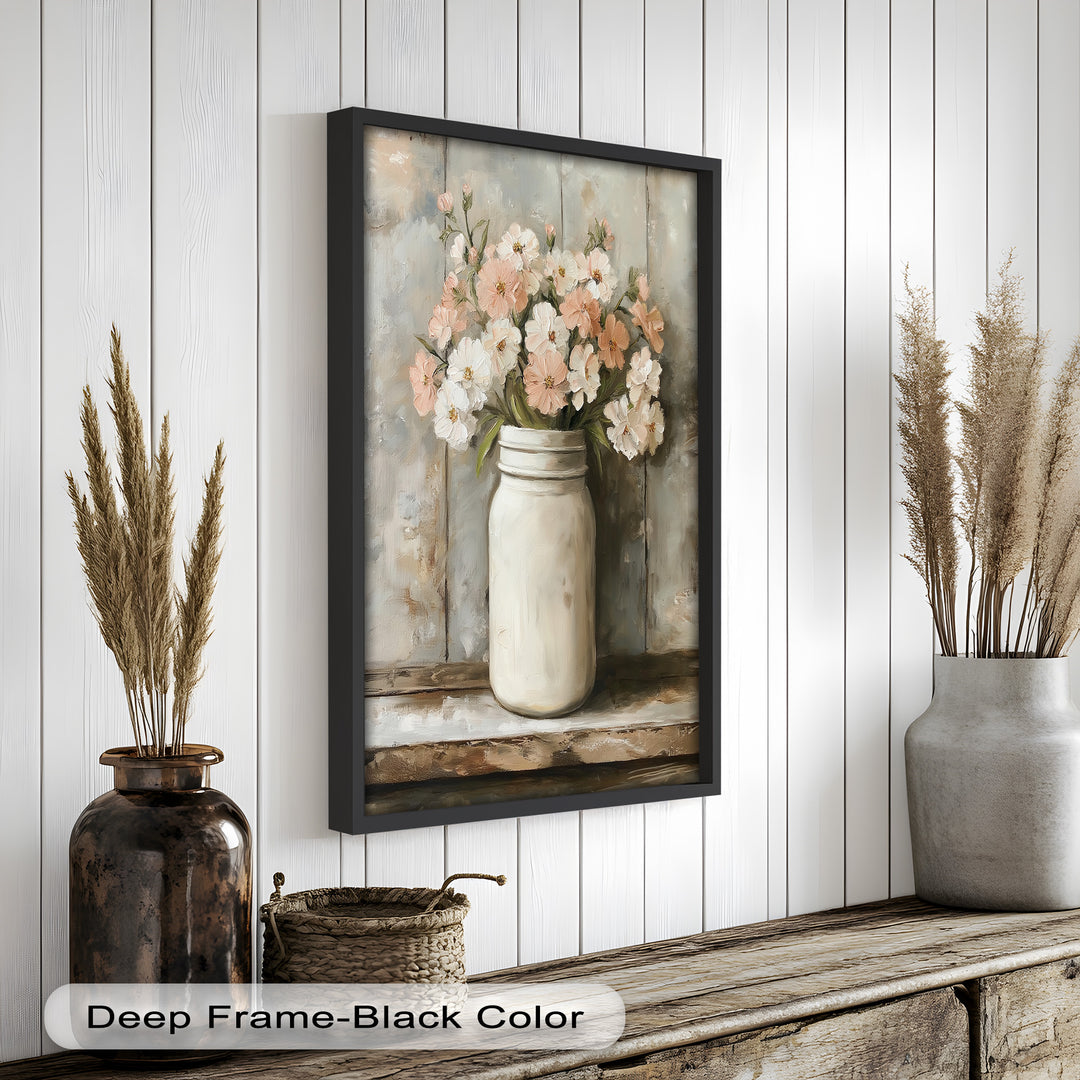 Blush & Cream Blooms – Rustic Mason Jar Flower Oil Painting