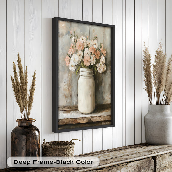 Blush & Cream Blooms – Rustic Mason Jar Flower Oil Painting