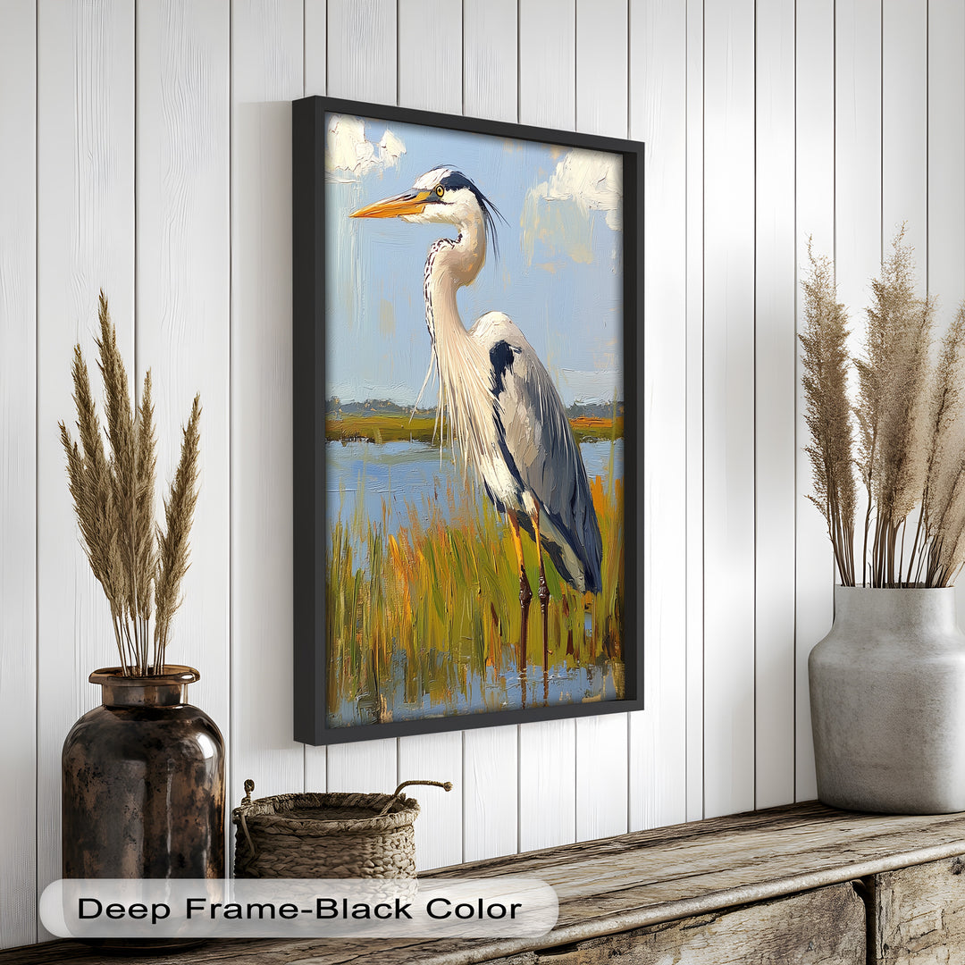 Heron in Sunlit Wetlands – Modern Oil Painting