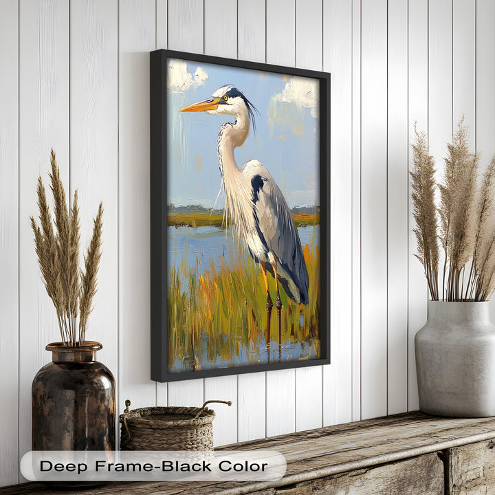 Heron in Sunlit Wetlands – Modern Oil Painting