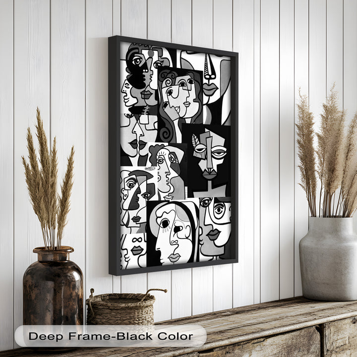 Monochrome Muse – Picasso-inspiriertes Ölgemälde mit kubistischen Gesichtern