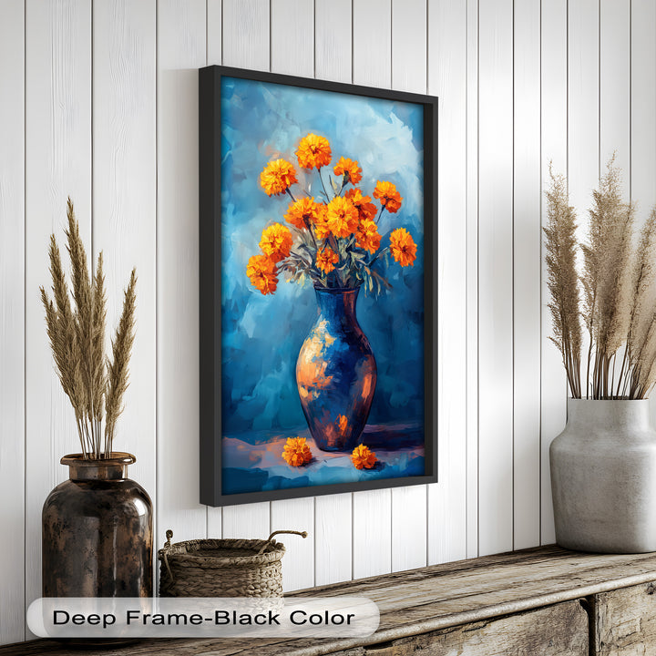 Golden Marigolds in Midnight Blue – Flower Oil Painting