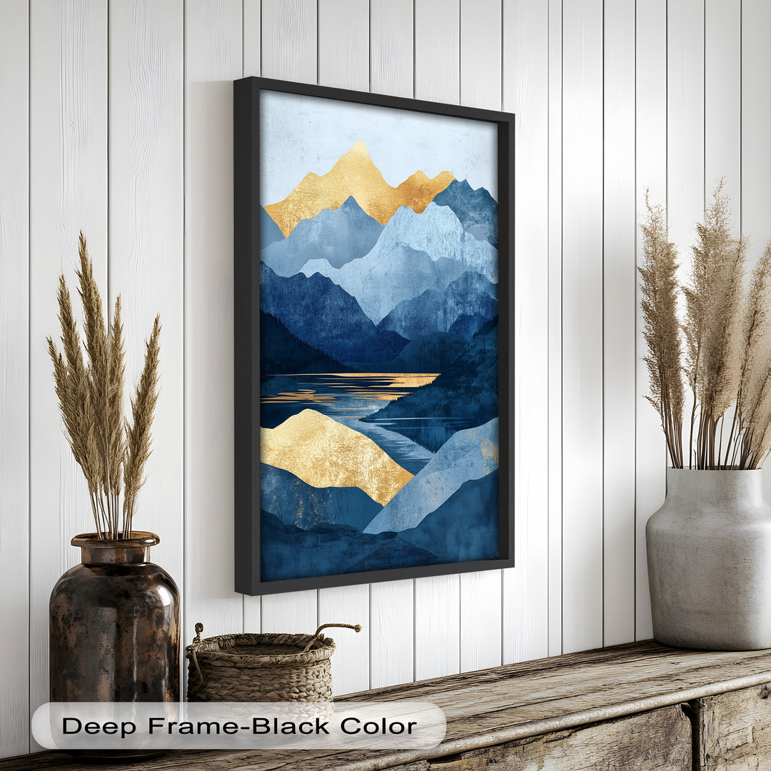 Golden Horizon – Abstract Blue Mountain Landscape Oil Painting