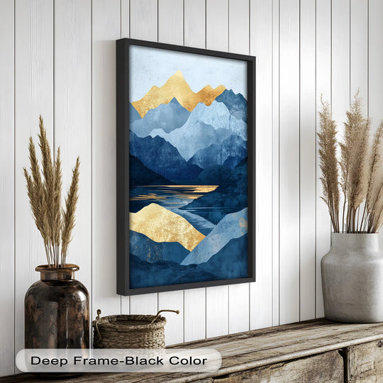 The deep, matte black edge frames a modern oil painting art prints depiction of a golden horizon above abstract blue mountain peaks and a still lake.