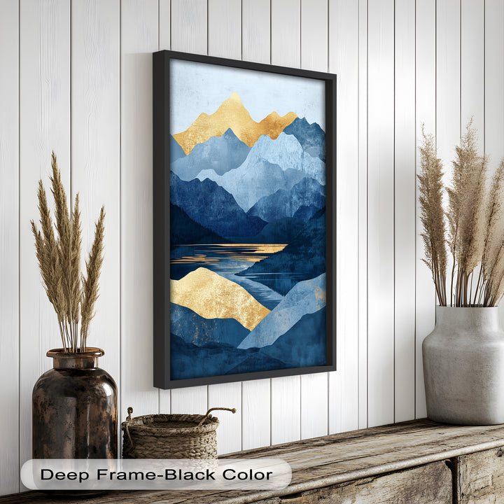 Golden Horizon – Abstract Blue Mountain Landscape Oil Painting