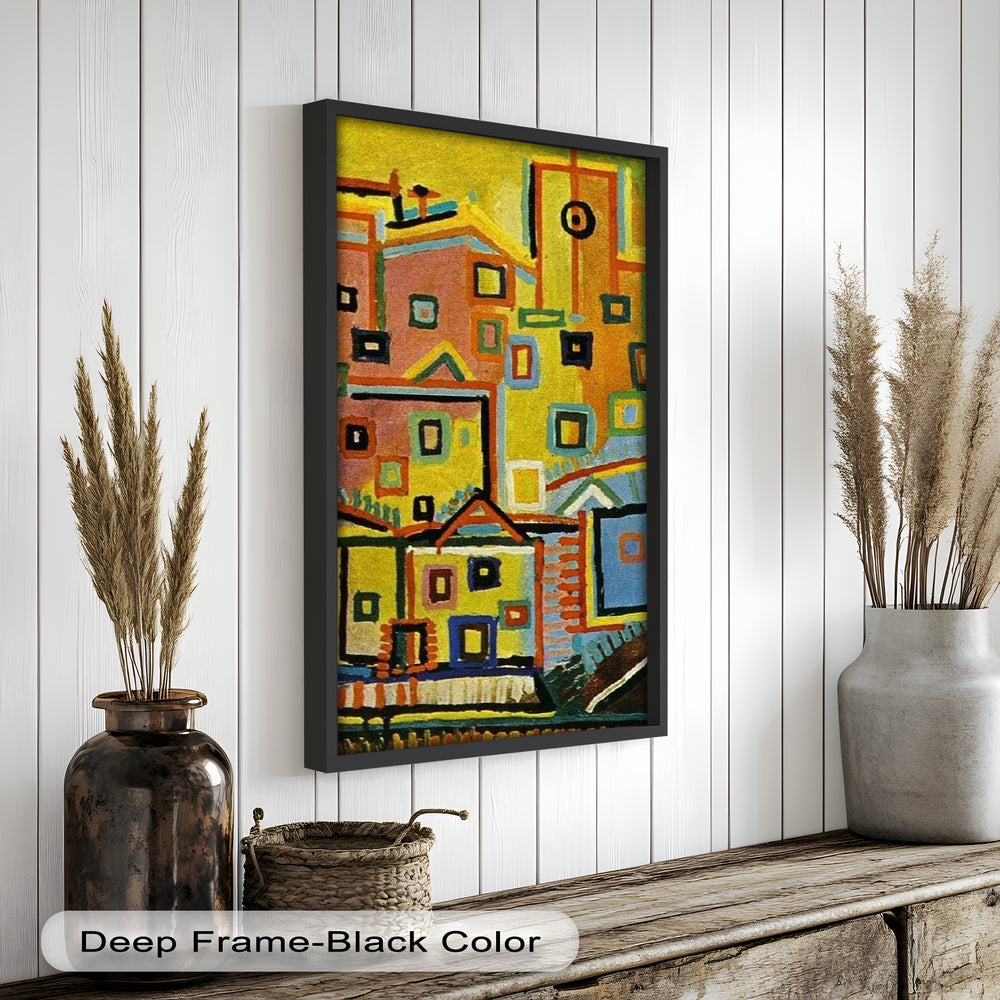 An abstract interpretation of a town, filled with lively blocks of red, yellow, blue, and green in a mosaic-like pattern.