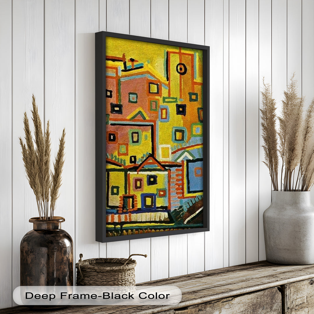 An abstract interpretation of a town, filled with lively blocks of red, yellow, blue, and green in a mosaic-like pattern.