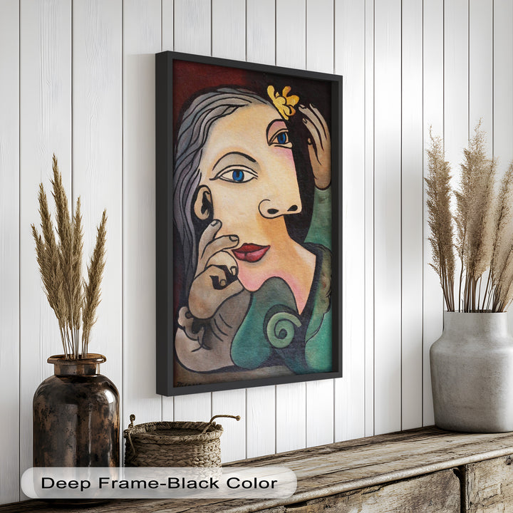 Whimsical Bloom – Surreale Frau mit gelber Blume Picasso Ölgemälde