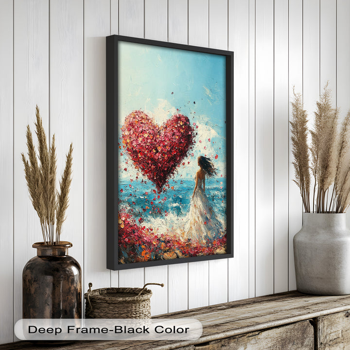 Woman with Heart-Shaped Petals Over the Sea - Love Oil Painting